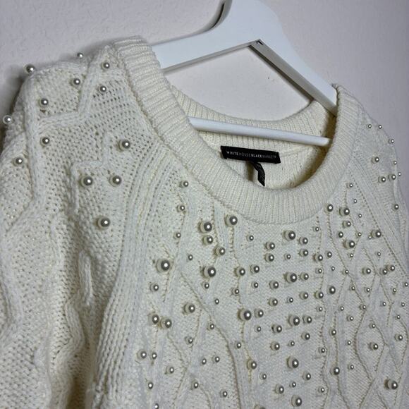 White House Black Market Cream Cable Knit Pearl Embellished Sweater XS - Picture 3 of 10
